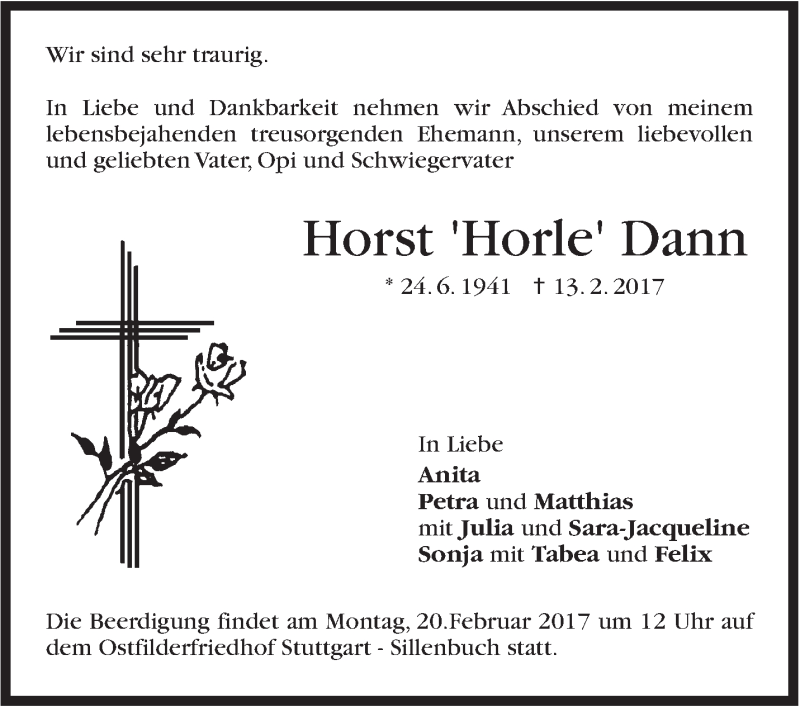  Traueranzeige für Horst Dann vom 15.02.2017 aus Stuttgarter Zeitung / Stuttgarter Nachrichten
