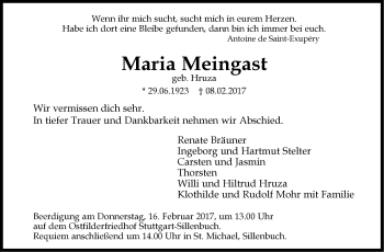 Traueranzeige von Maria Meingast von Stuttgarter Zeitung / Stuttgarter Nachrichten