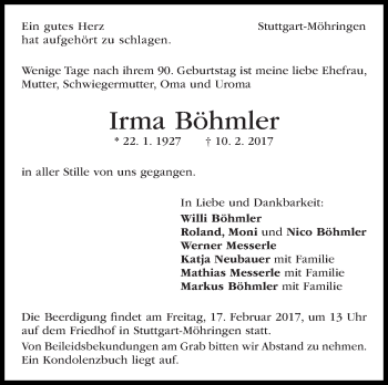 Traueranzeige von Irma Böhmler von Stuttgarter Zeitung / Stuttgarter Nachrichten