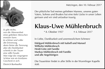 Traueranzeige von Klaus-Uwe Mühlenbruch von Stuttgarter Zeitung / Stuttgarter Nachrichten
