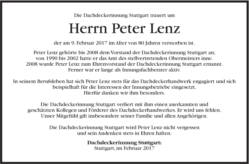  Traueranzeige für Peter Lenz vom 15.02.2017 aus Stuttgarter Zeitung / Stuttgarter Nachrichten