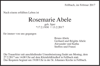 Traueranzeige von Rosemarie Abele von Stuttgarter Zeitung / Stuttgarter Nachrichten