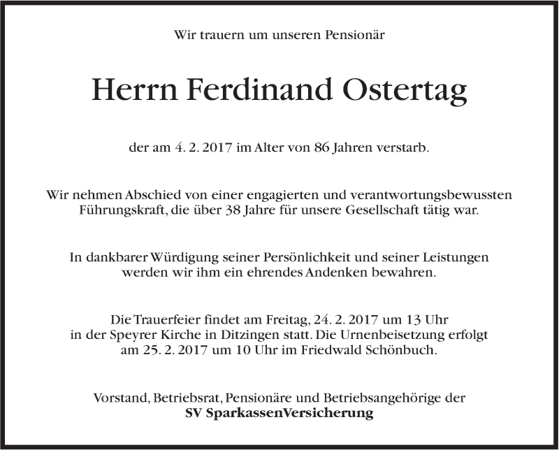  Traueranzeige für Ferdinand Ostertag vom 21.02.2017 aus Stuttgarter Zeitung / Stuttgarter Nachrichten