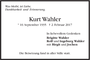 Traueranzeige von Kurt Wahler von Stuttgarter Zeitung / Stuttgarter Nachrichten