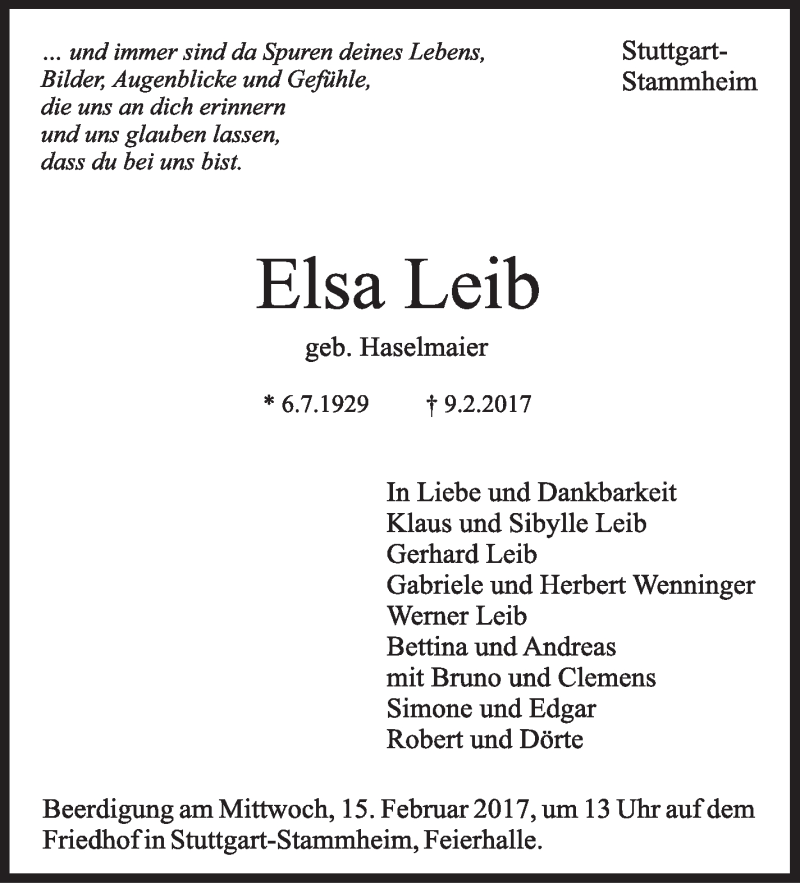  Traueranzeige für Elsa Leib vom 13.02.2017 aus Stuttgarter Zeitung / Stuttgarter Nachrichten