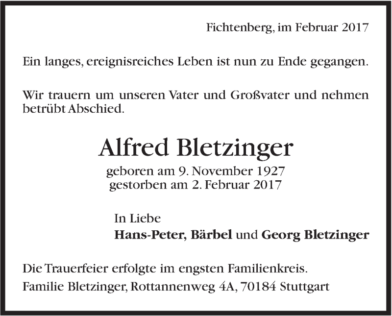  Traueranzeige für Alfred Bletzinger vom 16.02.2017 aus Stuttgarter Zeitung / Stuttgarter Nachrichten