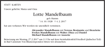 Traueranzeige von Lotte Mandelbaum von Stuttgarter Zeitung / Stuttgarter Nachrichten