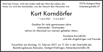 Traueranzeige von Kurt Korndörfer von Stuttgarter Zeitung / Stuttgarter Nachrichten