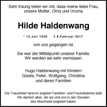 Traueranzeige von Hilde Haldenwang von Stuttgarter Zeitung / Stuttgarter Nachrichten