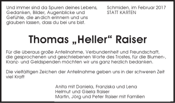 Traueranzeige von Thomas Raiser von Stuttgarter Zeitung / Stuttgarter Nachrichten