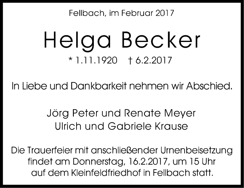  Traueranzeige für Helga Becker vom 11.02.2017 aus Stuttgarter Zeitung / Stuttgarter Nachrichten