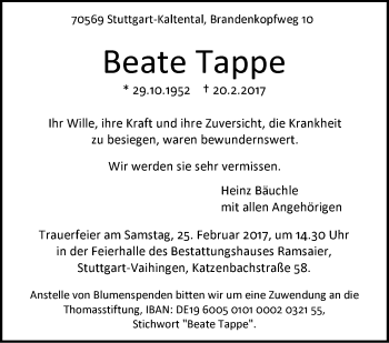 Traueranzeige von Beate Tappe von Stuttgarter Zeitung / Stuttgarter Nachrichten