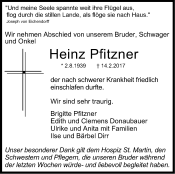 Traueranzeige von Heinz Pfitzner von Stuttgarter Zeitung / Stuttgarter Nachrichten