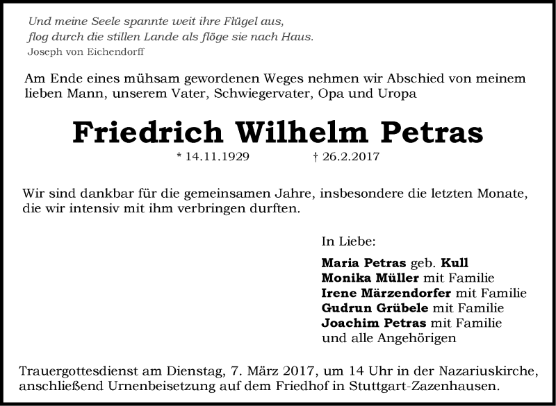  Traueranzeige für Friedrich Wilhelm Petras vom 01.03.2017 aus Stuttgarter Zeitung / Stuttgarter Nachrichten