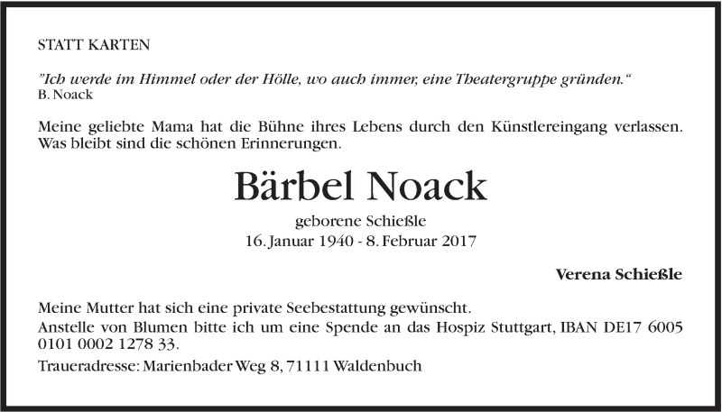  Traueranzeige für Bärbel Noack vom 16.02.2017 aus Stuttgarter Zeitung / Stuttgarter Nachrichten