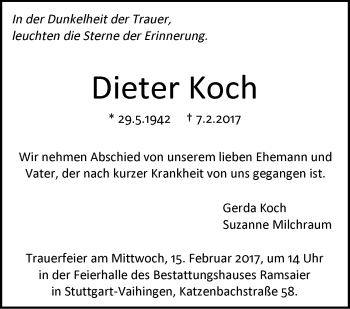 Traueranzeige von Dieter Koch von Stuttgarter Zeitung / Stuttgarter Nachrichten