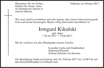 Traueranzeige von Irmgard Kikulski von Stuttgarter Zeitung / Stuttgarter Nachrichten