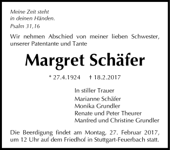 Traueranzeige von Margret Schäfer von Stuttgarter Zeitung / Stuttgarter Nachrichten