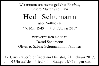 Traueranzeige von Hedi Schumann von Stuttgarter Zeitung / Stuttgarter Nachrichten