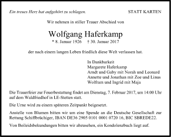 Traueranzeige von Wolfgang Haferkamp von Stuttgarter Zeitung / Stuttgarter Nachrichten