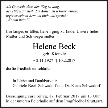 Traueranzeige von Helene Beck von Stuttgarter Zeitung / Stuttgarter Nachrichten