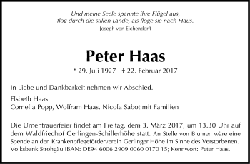 Traueranzeige von Peter Haas von Stuttgarter Zeitung / Stuttgarter Nachrichten