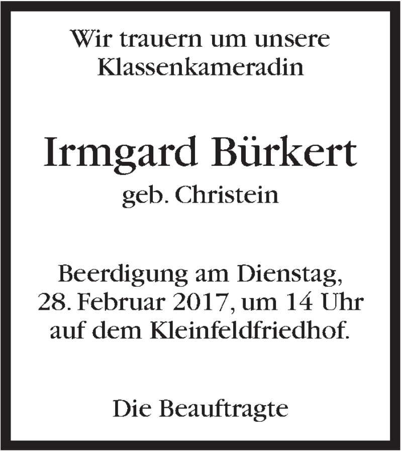  Traueranzeige für Irmgard Bürkert vom 25.02.2017 aus Stuttgarter Zeitung / Stuttgarter Nachrichten