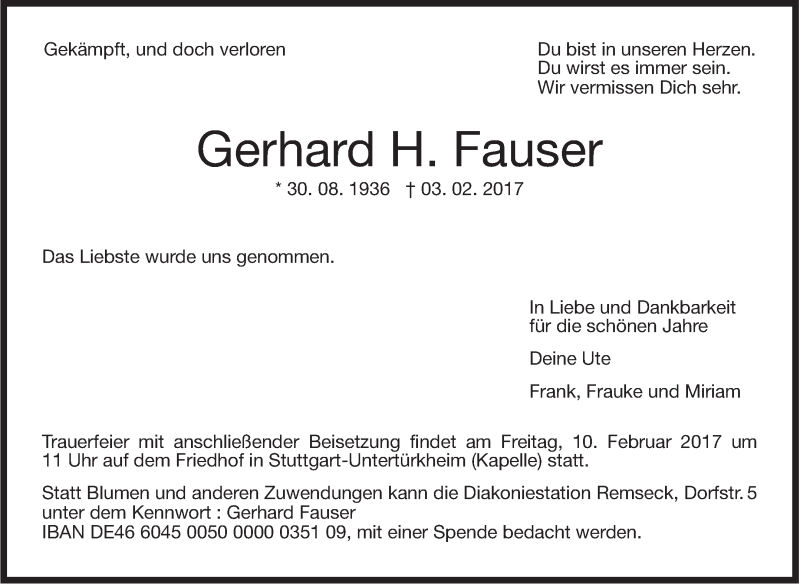  Traueranzeige für Gerhard H. Fauser vom 07.02.2017 aus Stuttgarter Zeitung / Stuttgarter Nachrichten