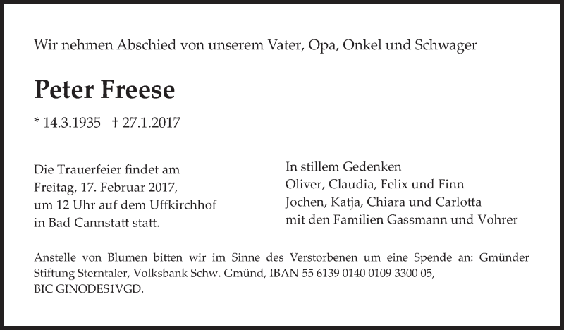 Traueranzeige für Peter Freese vom 04.02.2017 aus Stuttgarter Zeitung / Stuttgarter Nachrichten