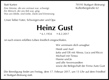 Traueranzeige von Heinz Gust von Stuttgarter Zeitung / Stuttgarter Nachrichten