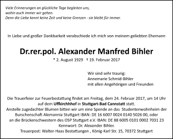 Traueranzeige von Alexander Manfred Bihler von Stuttgarter Zeitung / Stuttgarter Nachrichten