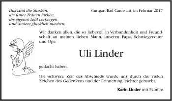 Traueranzeige von Uli Linder von Stuttgarter Zeitung / Stuttgarter Nachrichten