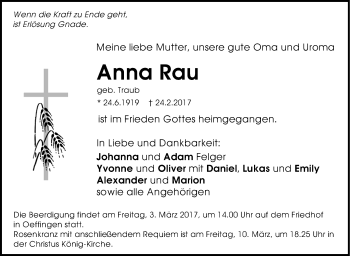 Traueranzeige von Anna Rau von Stuttgarter Zeitung / Stuttgarter Nachrichten