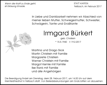 Traueranzeige von Irmgard Bürkert von Stuttgarter Zeitung / Stuttgarter Nachrichten