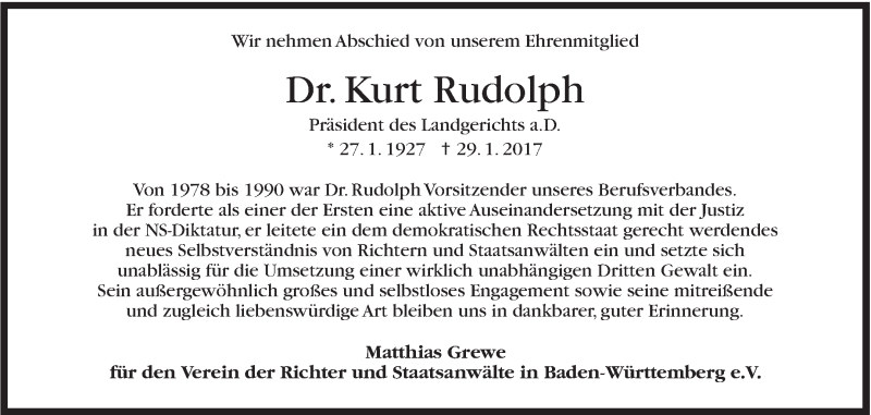  Traueranzeige für Kurt Rudolph vom 11.02.2017 aus Stuttgarter Zeitung / Stuttgarter Nachrichten