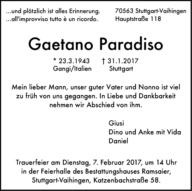  Traueranzeige für Gaetano Paradiso vom 03.02.2017 aus Stuttgarter Zeitung / Stuttgarter Nachrichten