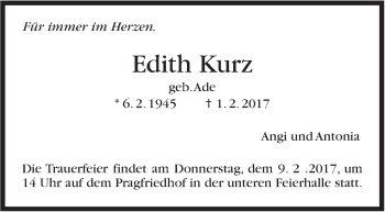 Traueranzeige von Edith Kurz von Stuttgarter Zeitung / Stuttgarter Nachrichten