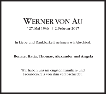Traueranzeige von Werner  von Au von Stuttgarter Zeitung / Stuttgarter Nachrichten