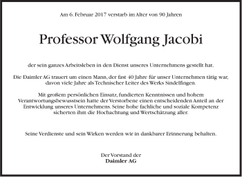Traueranzeige von Wolfgang Jacobi von Stuttgarter Zeitung / Stuttgarter Nachrichten