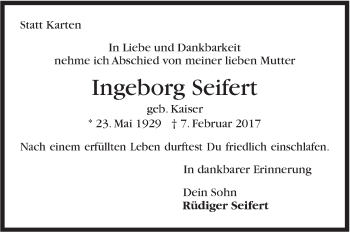 Traueranzeige von Ingeborg Seifert von Stuttgarter Zeitung / Stuttgarter Nachrichten