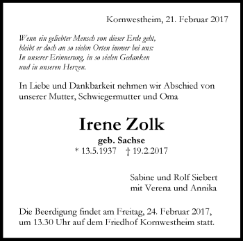 Traueranzeige von Irene Zolk von Stuttgarter Zeitung / Stuttgarter Nachrichten