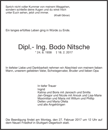 Traueranzeige von Bodo Nitsche von Stuttgarter Zeitung / Stuttgarter Nachrichten