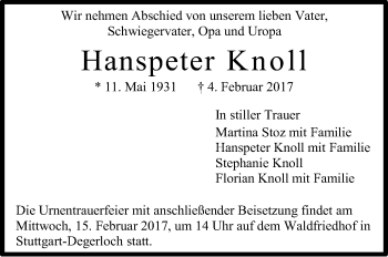 Traueranzeige von Hanspeter Knoll von Stuttgarter Zeitung / Stuttgarter Nachrichten