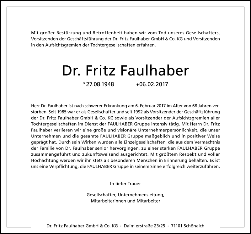  Traueranzeige für Fritz Faulhaber vom 25.02.2017 aus Stuttgarter Zeitung / Stuttgarter Nachrichten