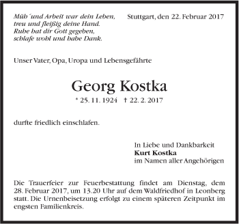 Traueranzeige von Georg Kostka von Stuttgarter Zeitung / Stuttgarter Nachrichten