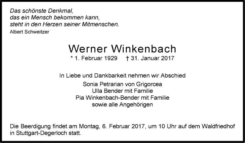  Traueranzeige für Werner Winkenbach vom 02.02.2017 aus Stuttgarter Zeitung / Stuttgarter Nachrichten