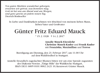 Traueranzeige von Günter Fritz Eduard Mauck von Stuttgarter Zeitung / Stuttgarter Nachrichten