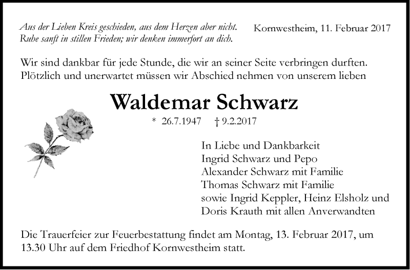  Traueranzeige für Waldemar Schwarz vom 11.02.2017 aus Stuttgarter Zeitung / Stuttgarter Nachrichten