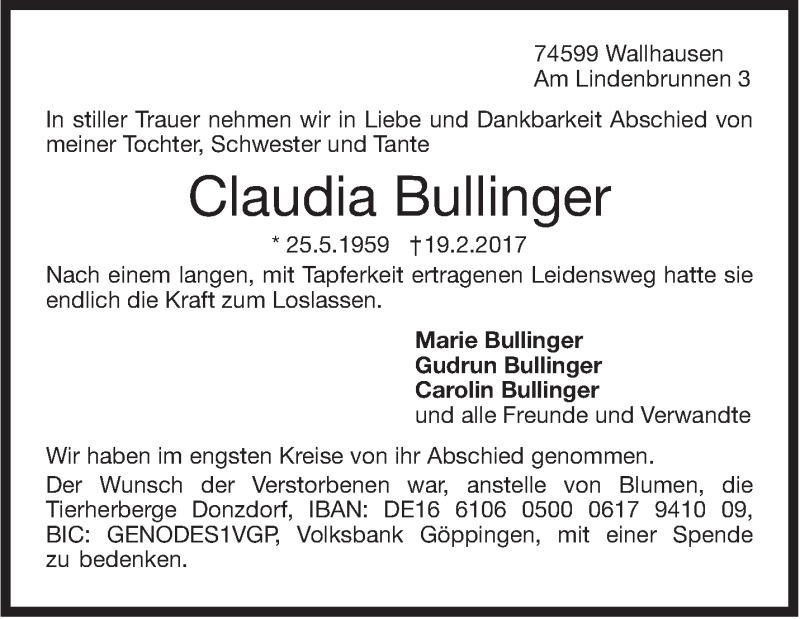  Traueranzeige für Claudia Bullinger vom 01.03.2017 aus Stuttgarter Zeitung / Stuttgarter Nachrichten