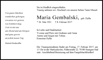 Traueranzeige von Maria Gembalski von Stuttgarter Zeitung / Stuttgarter Nachrichten